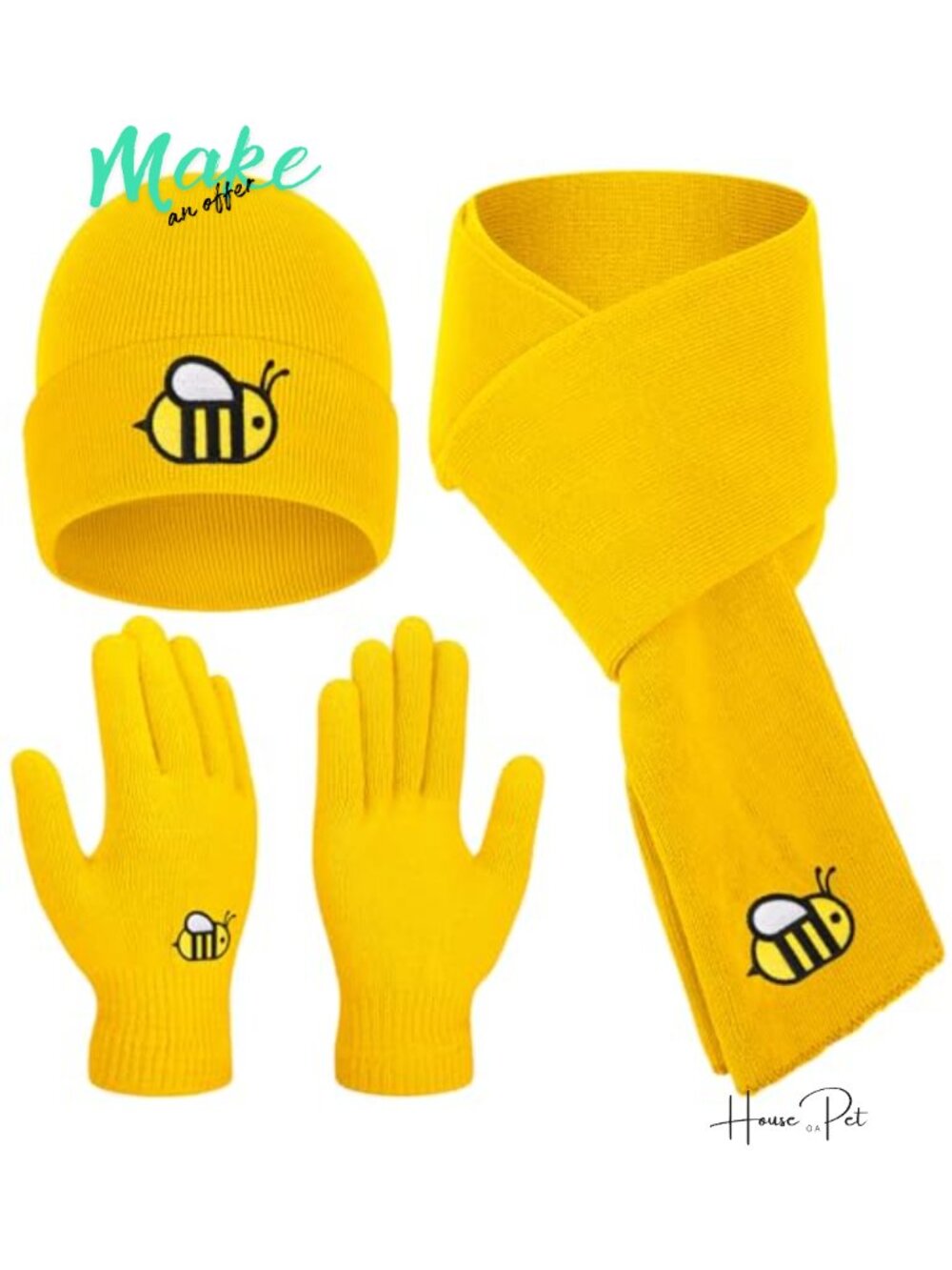 Knit Fleece Winter Beanie Scarf Gloves Set Animal Embroidered Warm